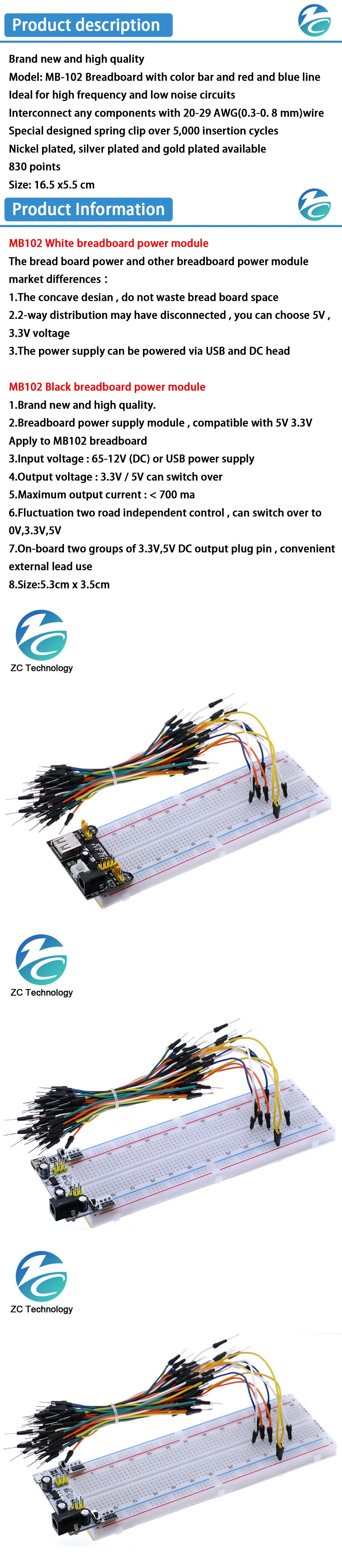3.3V/5V MB102 Breadboard Power Module+MB-102 830 Points Prototype Bread Board for Arduino Kit +65 Jumper Wires Wholesale