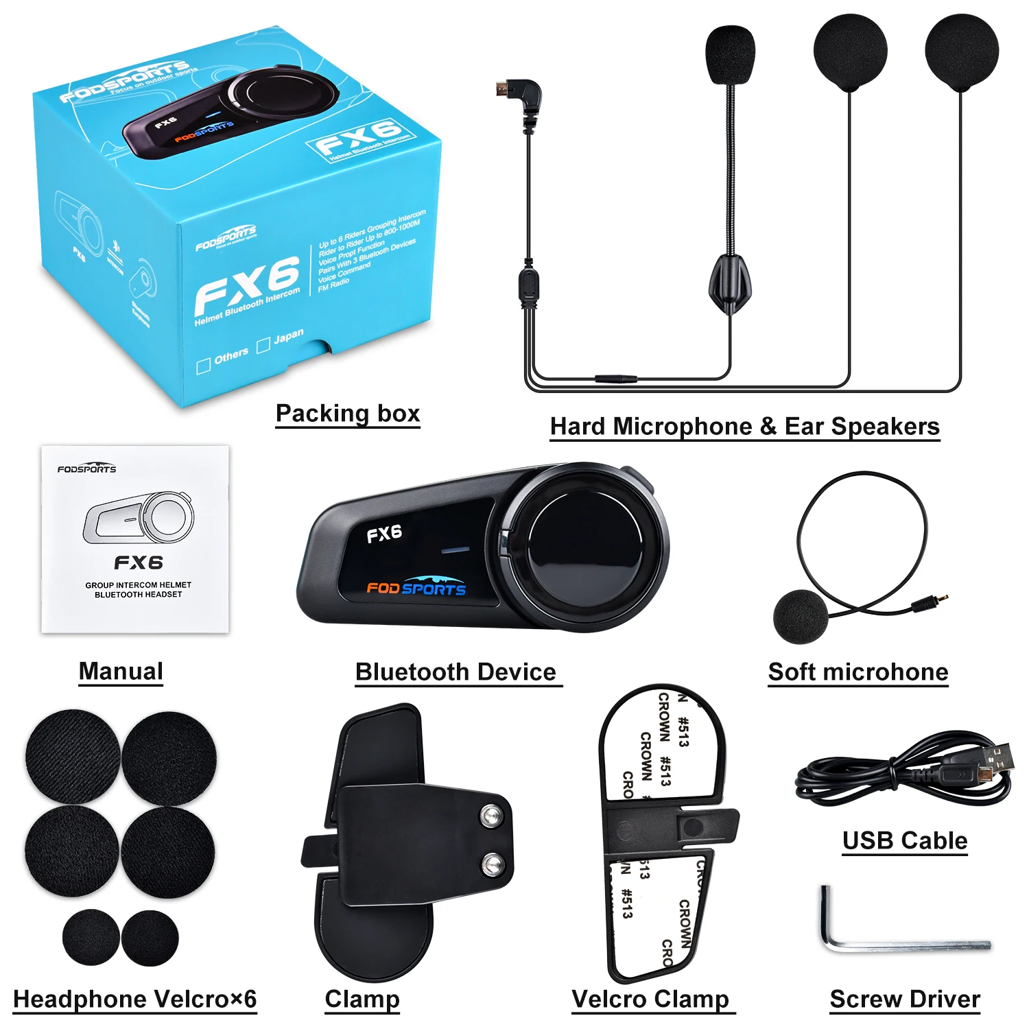 Fodsports FX6 Intercom Motorcycle Walkie-Talkie Helmet Headset 6Rider 1000m Interfono Moto Bluetooth5.0 Motorcycle Communication