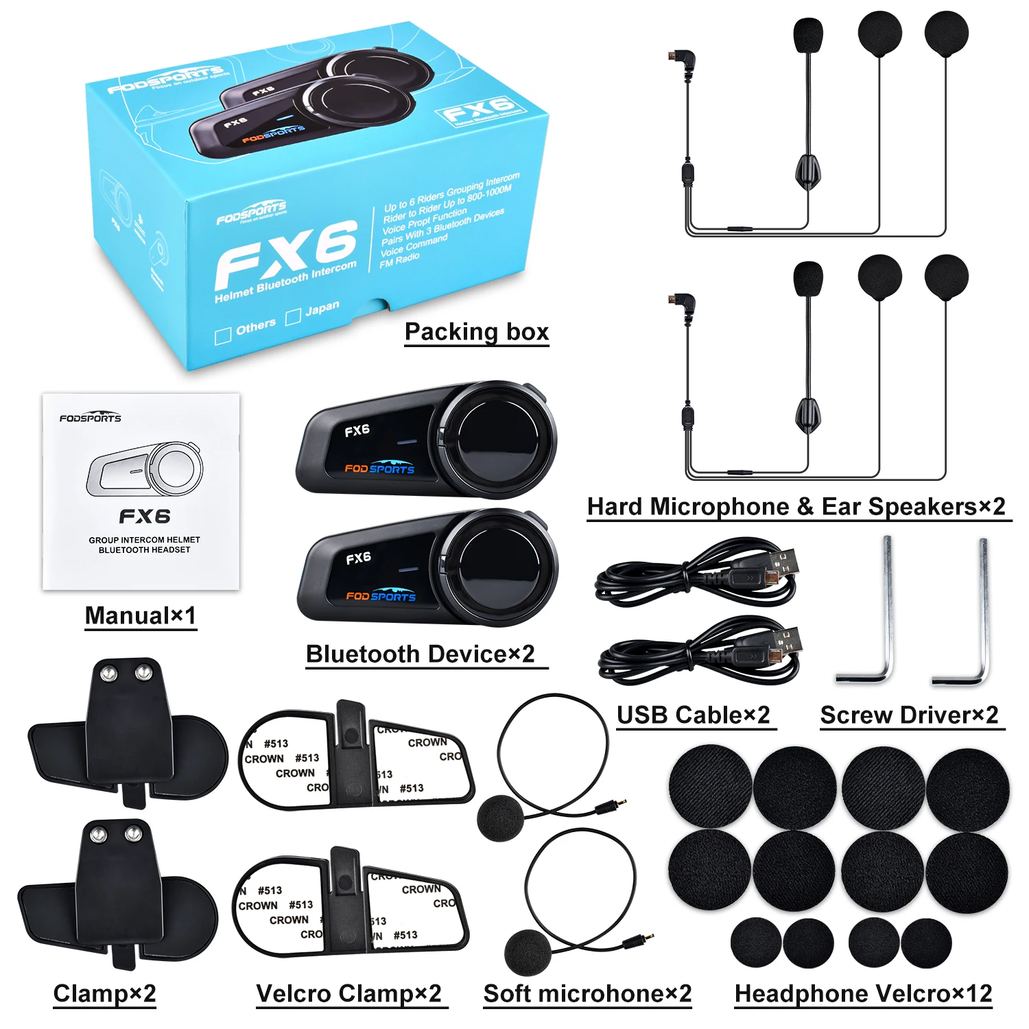 Fodsports FX6 Intercom Motorcycle Walkie-Talkie Helmet Headset 6Rider 1000m Interfono Moto Bluetooth5.0 Motorcycle Communication