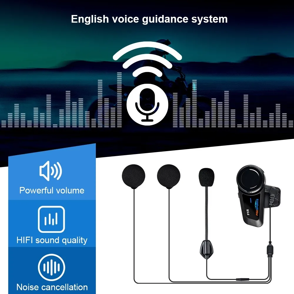 Fodsports FX6 Intercom Motorcycle Walkie-Talkie Helmet Headset 6Rider 1000m Interfono Moto Bluetooth5.0 Motorcycle Communication