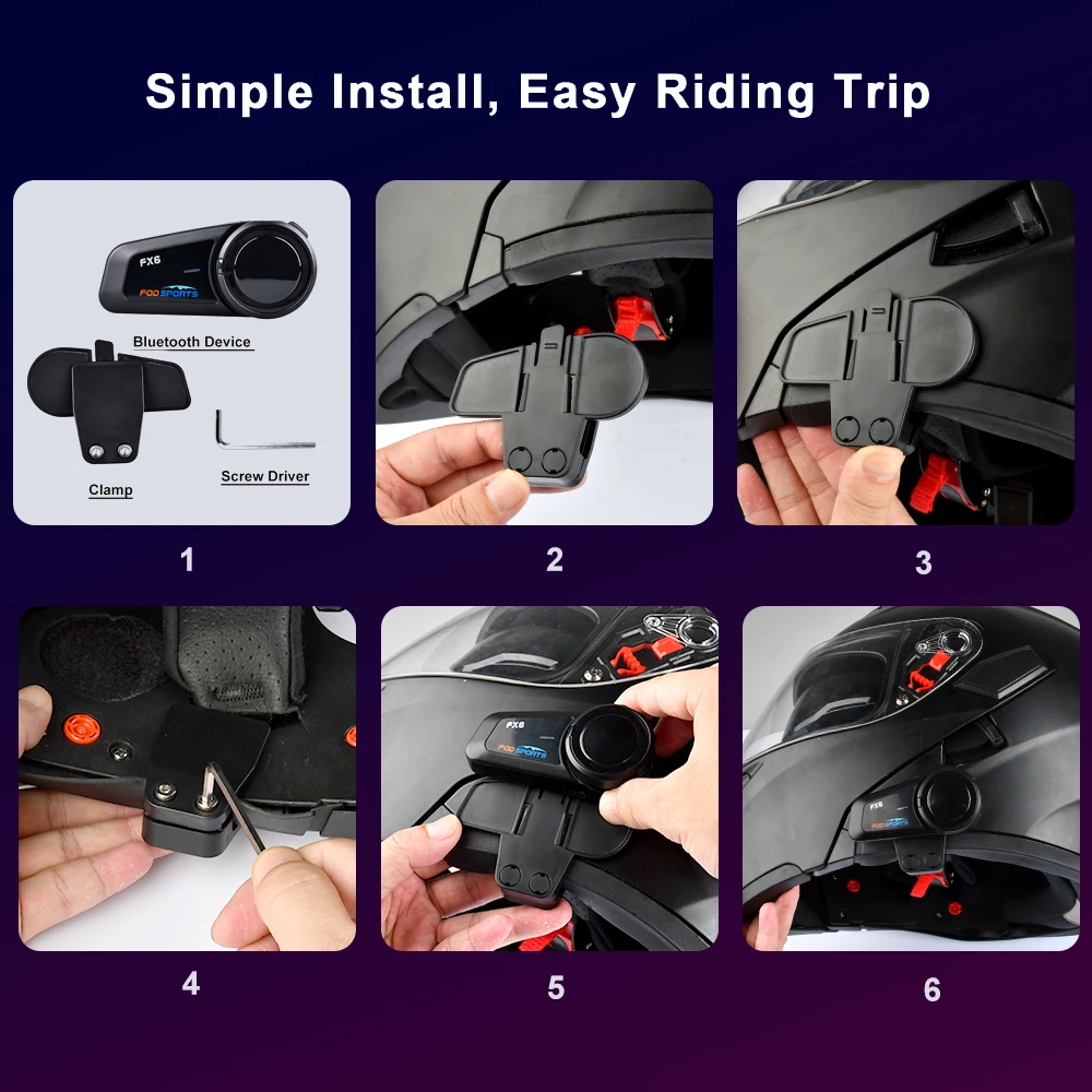 Fodsports FX6 Intercom Motorcycle Walkie-Talkie Helmet Headset 6Rider 1000m Interfono Moto Bluetooth5.0 Motorcycle Communication