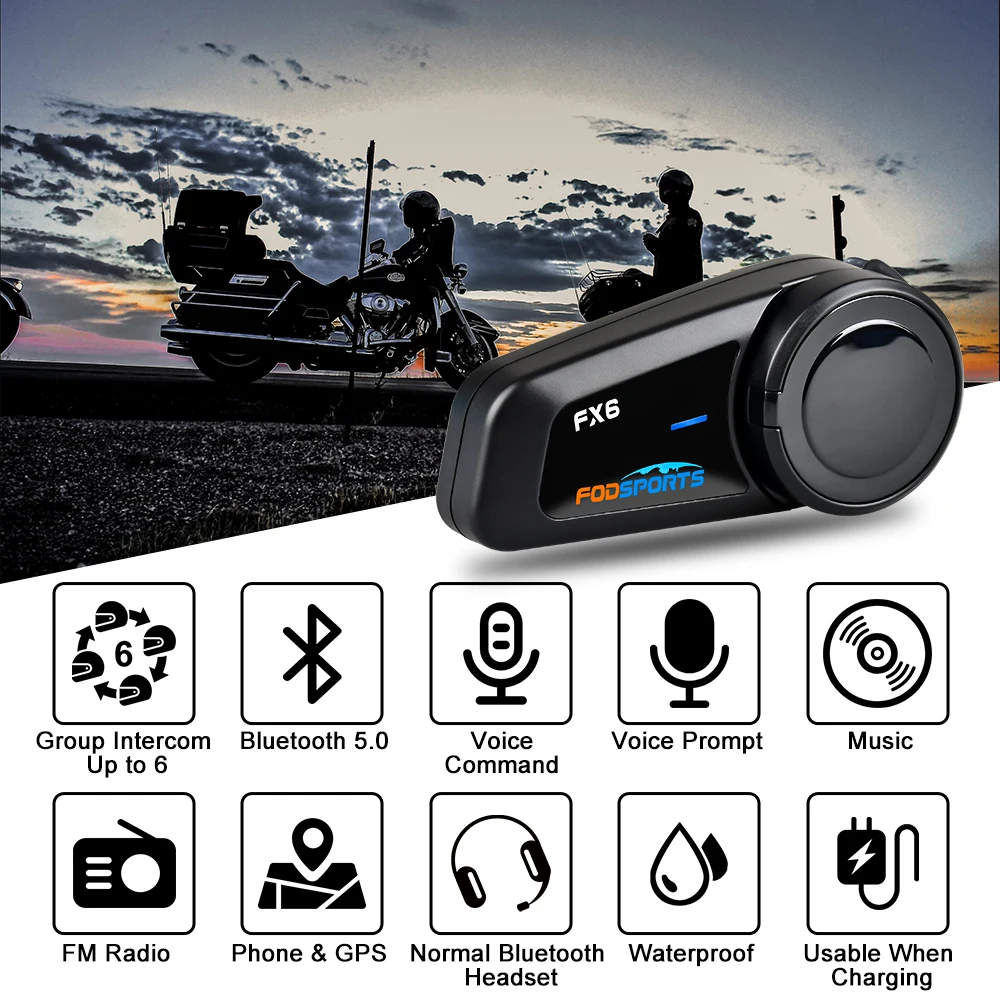 Fodsports FX6 Intercom Motorcycle Walkie-Talkie Helmet Headset 6Rider 1000m Interfono Moto Bluetooth5.0 Motorcycle Communication
