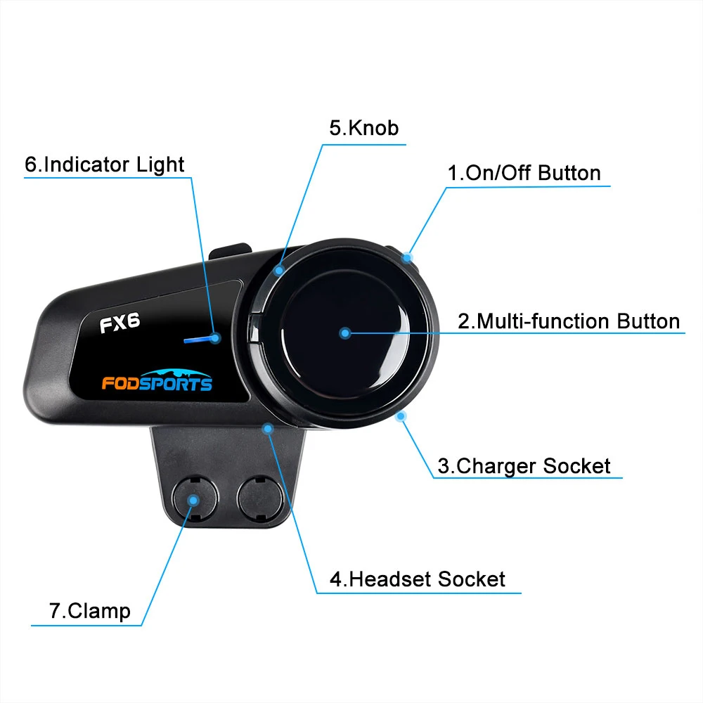 Fodsports FX6 Intercom Motorcycle Walkie-Talkie Helmet Headset 6Rider 1000m Interfono Moto Bluetooth5.0 Motorcycle Communication