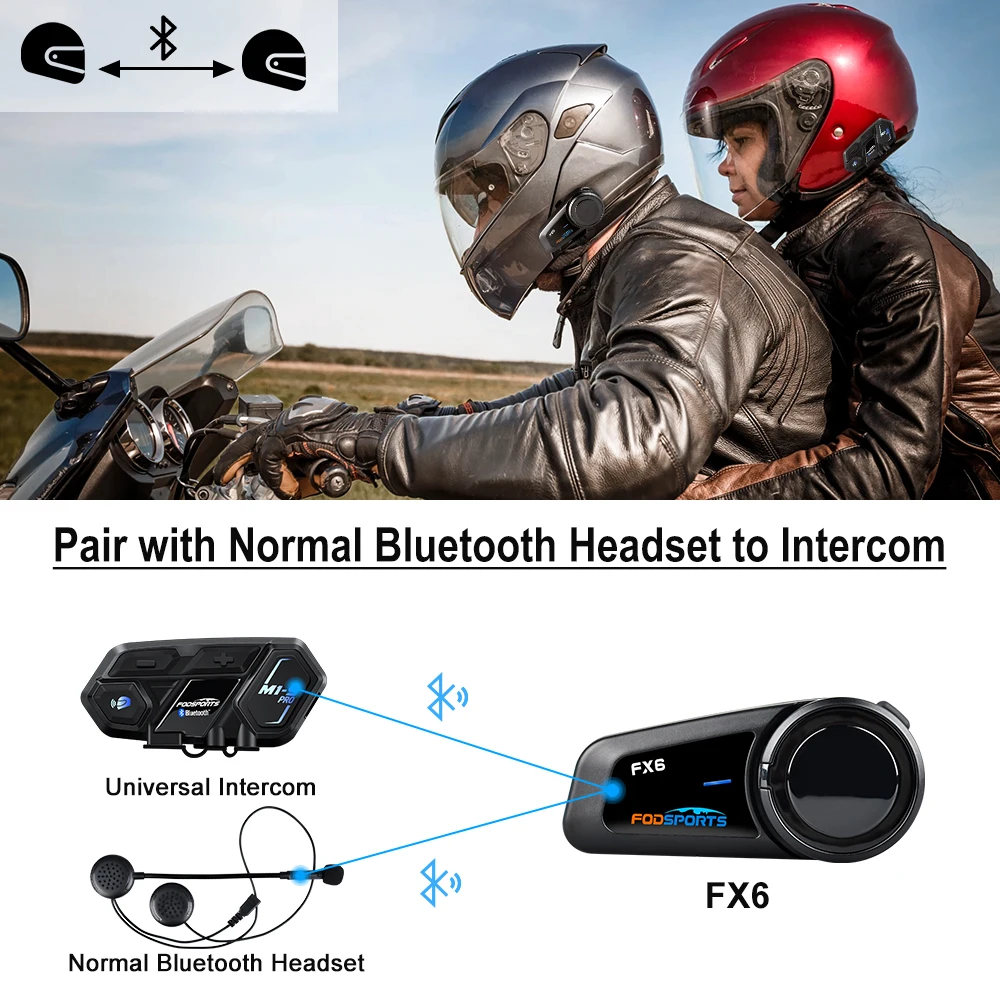 Fodsports FX6 Intercom Motorcycle Walkie-Talkie Helmet Headset 6Rider 1000m Interfono Moto Bluetooth5.0 Motorcycle Communication