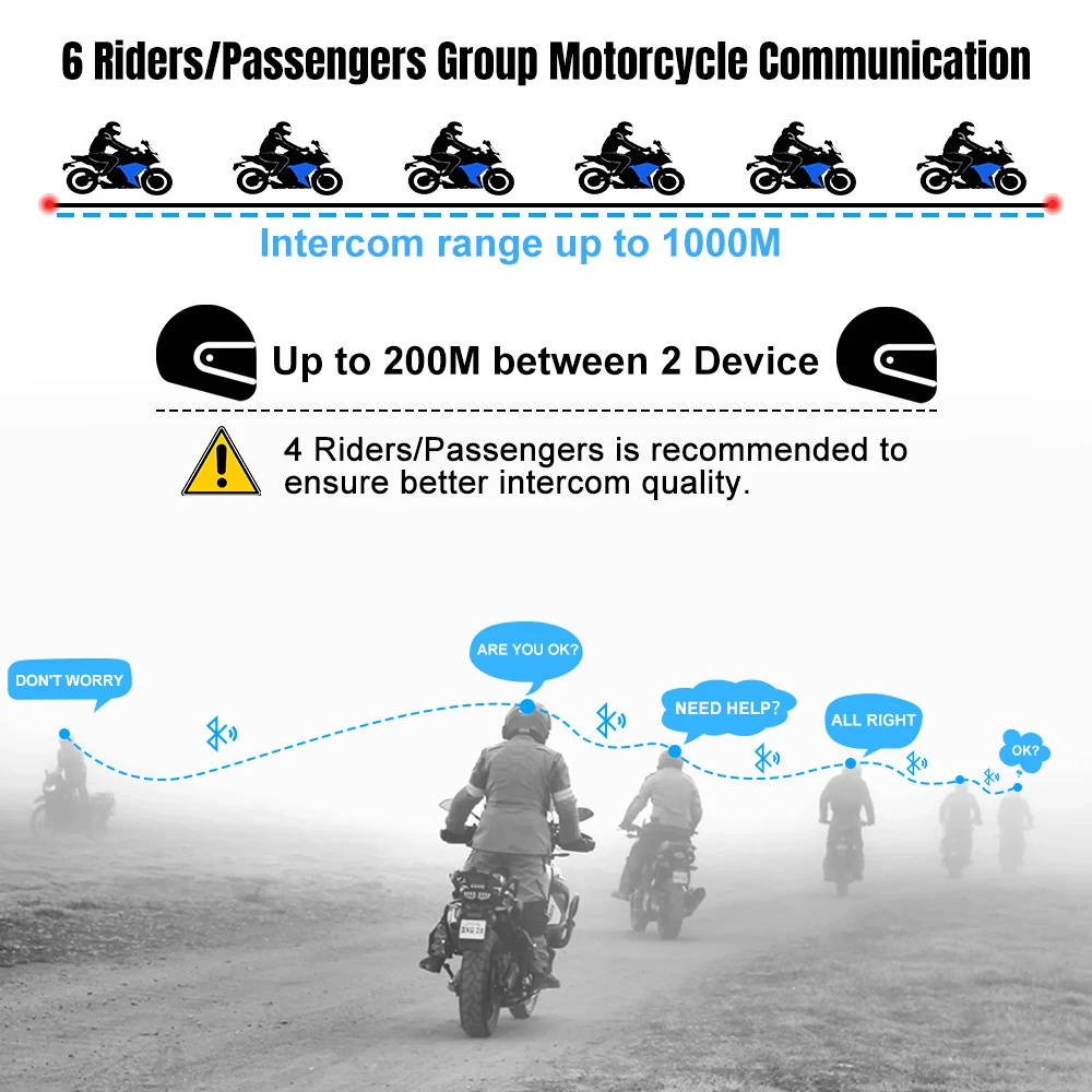 Fodsports FX6 Intercom Motorcycle Walkie-Talkie Helmet Headset 6Rider 1000m Interfono Moto Bluetooth5.0 Motorcycle Communication