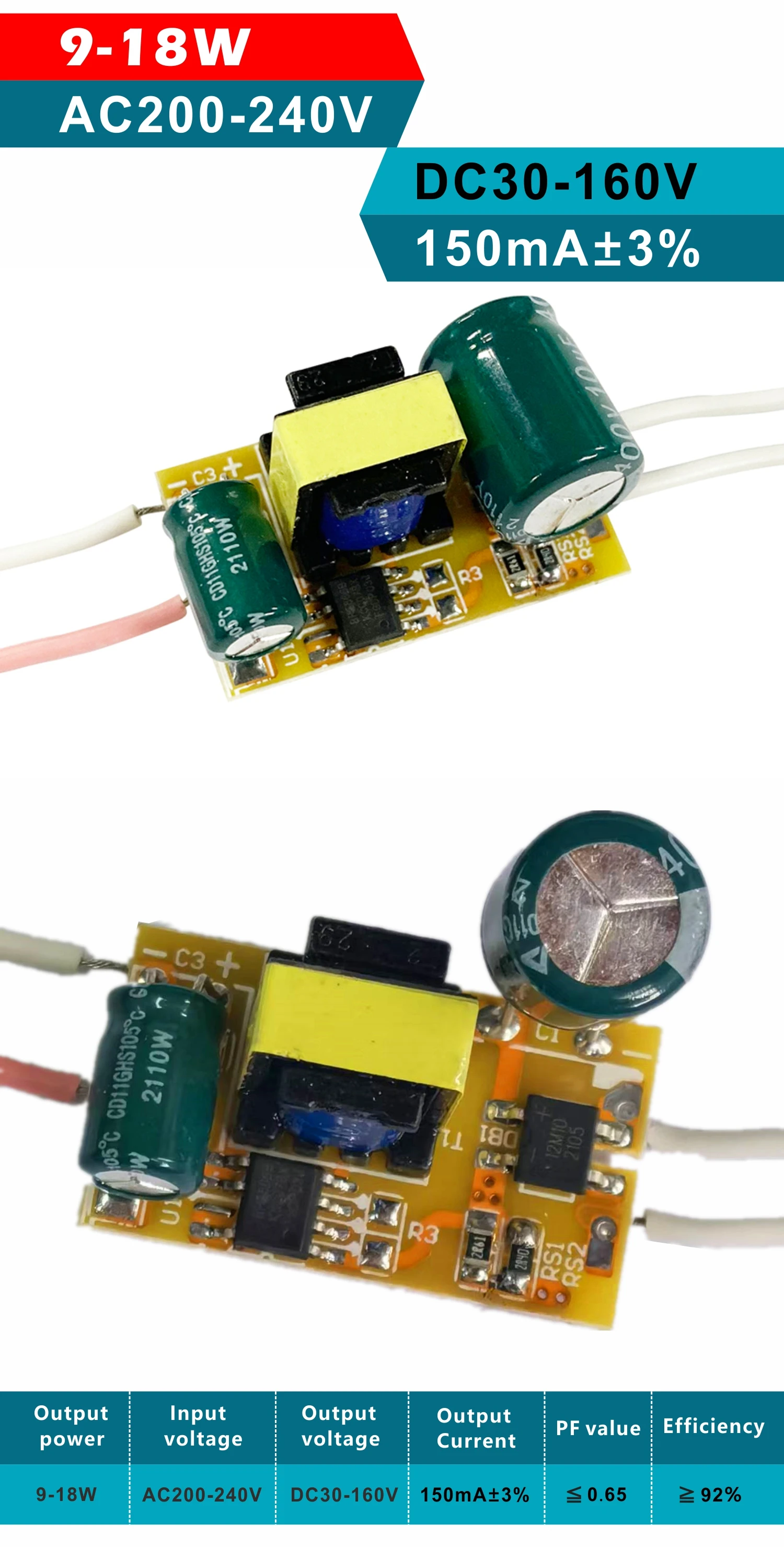 9-18W LED Lamp Driver Light Transformer Output:DC30-160V 150mA Input AC200-240V Power Supply Adapter
