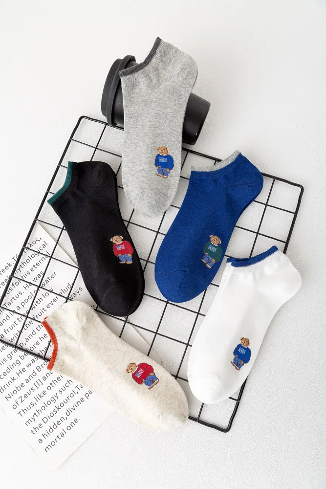Socks Female Spring And Autumn Mid-tube Embroidery Bear Hose Cute Casual Solid Color Sport Pile Kawaii Socks Harajuku Calcetines