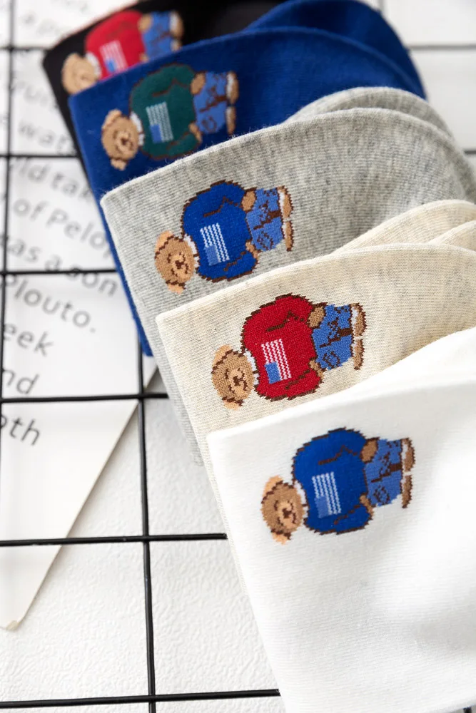 Socks Female Spring And Autumn Mid-tube Embroidery Bear Hose Cute Casual Solid Color Sport Pile Kawaii Socks Harajuku Calcetines