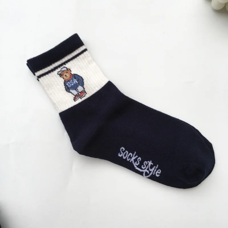 Socks Female Spring And Autumn Mid-tube Embroidery Bear Hose Cute Casual Solid Color Sport Pile Kawaii Socks Harajuku Calcetines