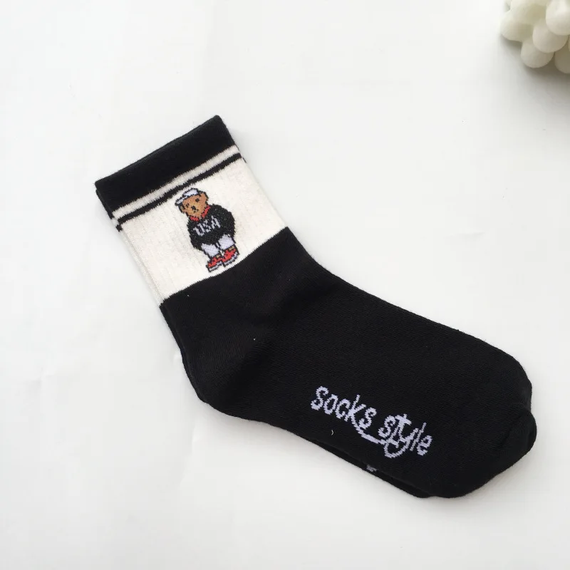 Socks Female Spring And Autumn Mid-tube Embroidery Bear Hose Cute Casual Solid Color Sport Pile Kawaii Socks Harajuku Calcetines