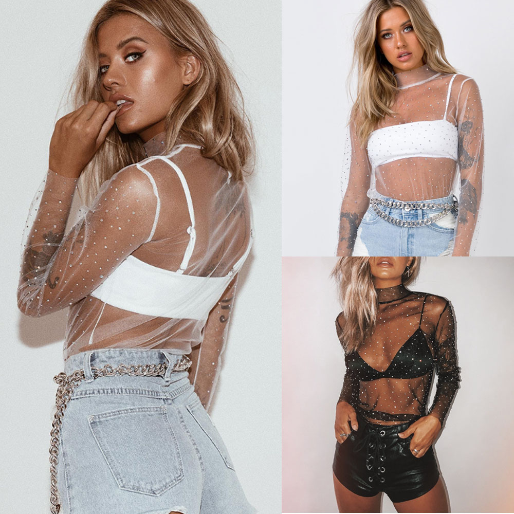 Women Summer Transparent Sequins Tee Top S-XL Short Sleeve Flower Mesh Sheer Camisole Top Female T-Shirt Top Women