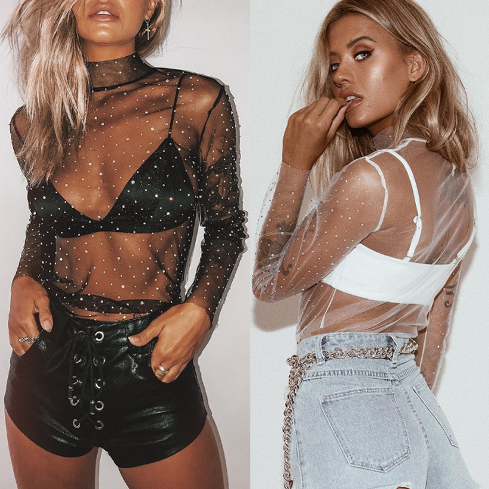 Women Summer Transparent Sequins Tee Top S-XL Short Sleeve Flower Mesh Sheer Camisole Top Female T-Shirt Top Women
