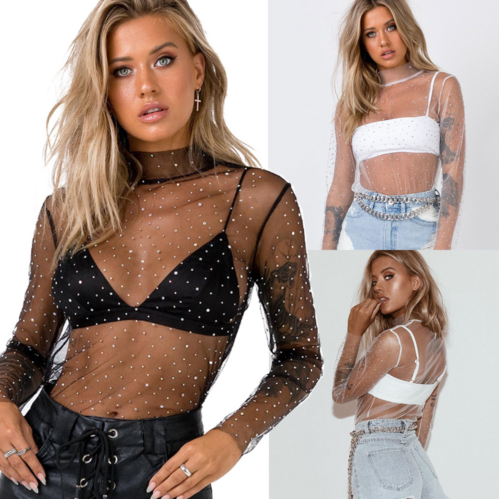 Women Summer Transparent Sequins Tee Top S-XL Short Sleeve Flower Mesh Sheer Camisole Top Female T-Shirt Top Women