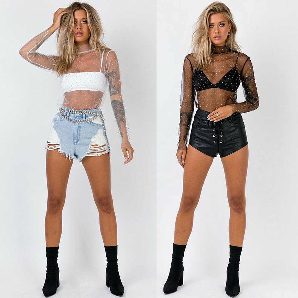 Women Summer Transparent Sequins Tee Top S-XL Short Sleeve Flower Mesh Sheer Camisole Top Female T-Shirt Top Women