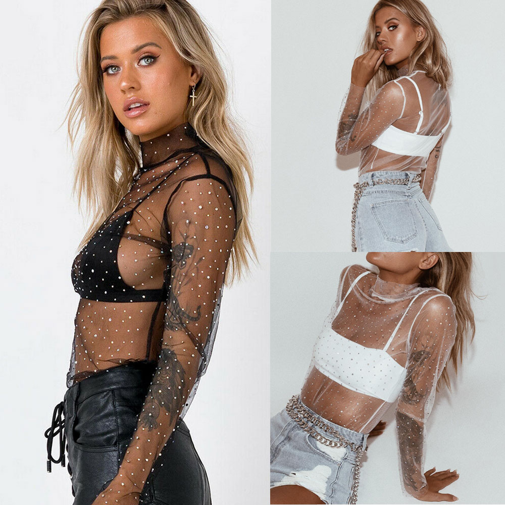 Women Summer Transparent Sequins Tee Top S-XL Short Sleeve Flower Mesh Sheer Camisole Top Female T-Shirt Top Women