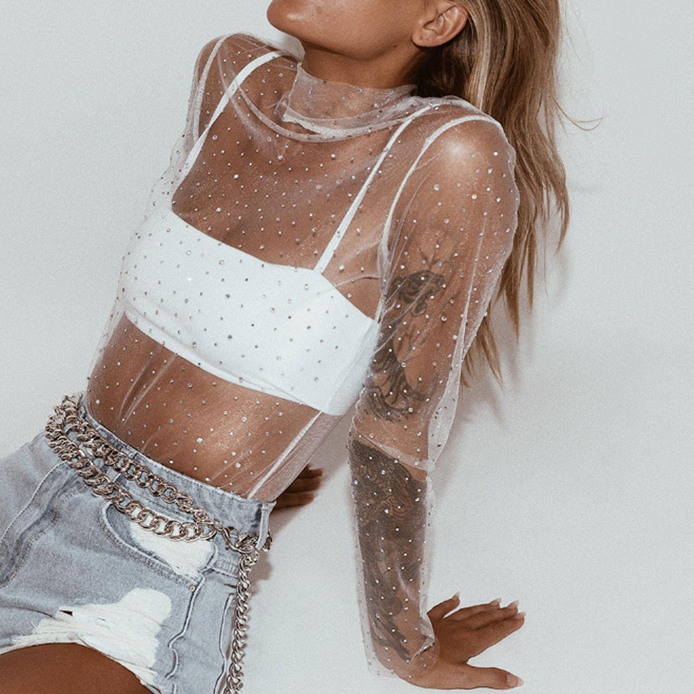 Women Summer Transparent Sequins Tee Top S-XL Short Sleeve Flower Mesh Sheer Camisole Top Female T-Shirt Top Women