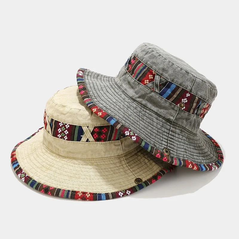 2022 Cotton National Wind Solid Color Bucket Hat Outdoor Travel Sun Cap For Men And Women 15