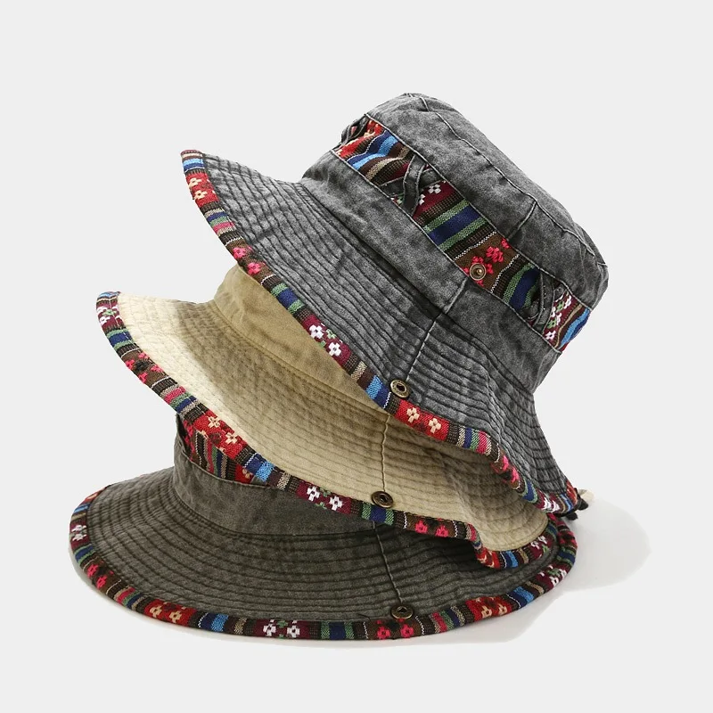 2022 Cotton National Wind Solid Color Bucket Hat Outdoor Travel Sun Cap For Men And Women 15