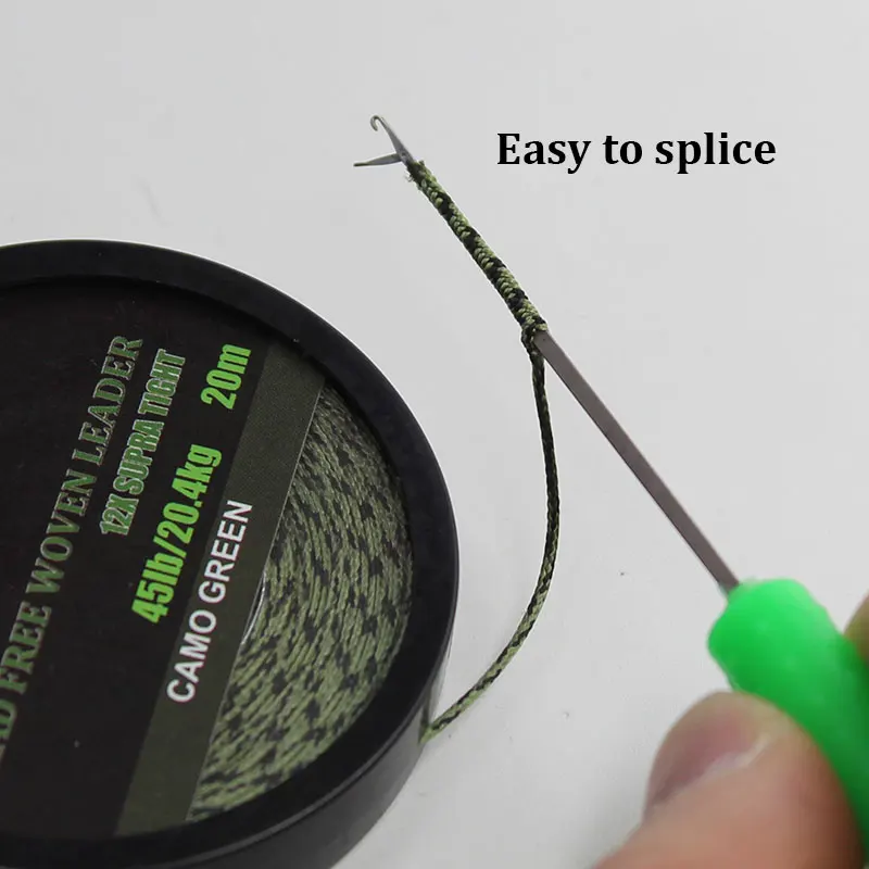 20m Carp Fishing Leader Line Lead Free Woven Leader Camo Green Non Lead Core 45LB Hair Rigs 12 Strand Braided Wires