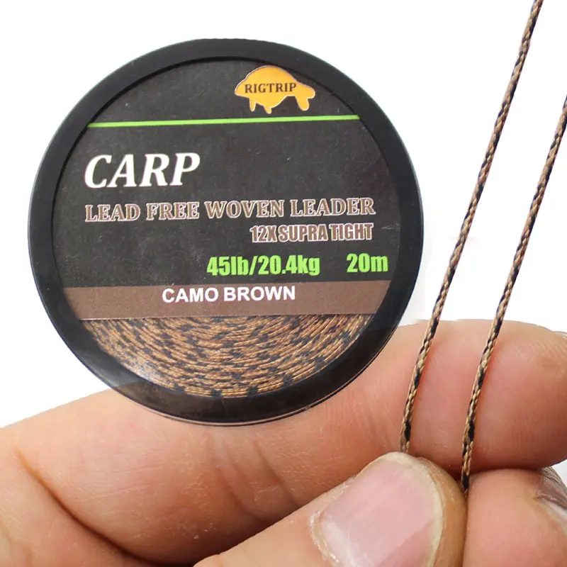 20m Carp Fishing Leader Line Lead Free Woven Leader Camo Green Non Lead Core 45LB Hair Rigs 12 Strand Braided Wires