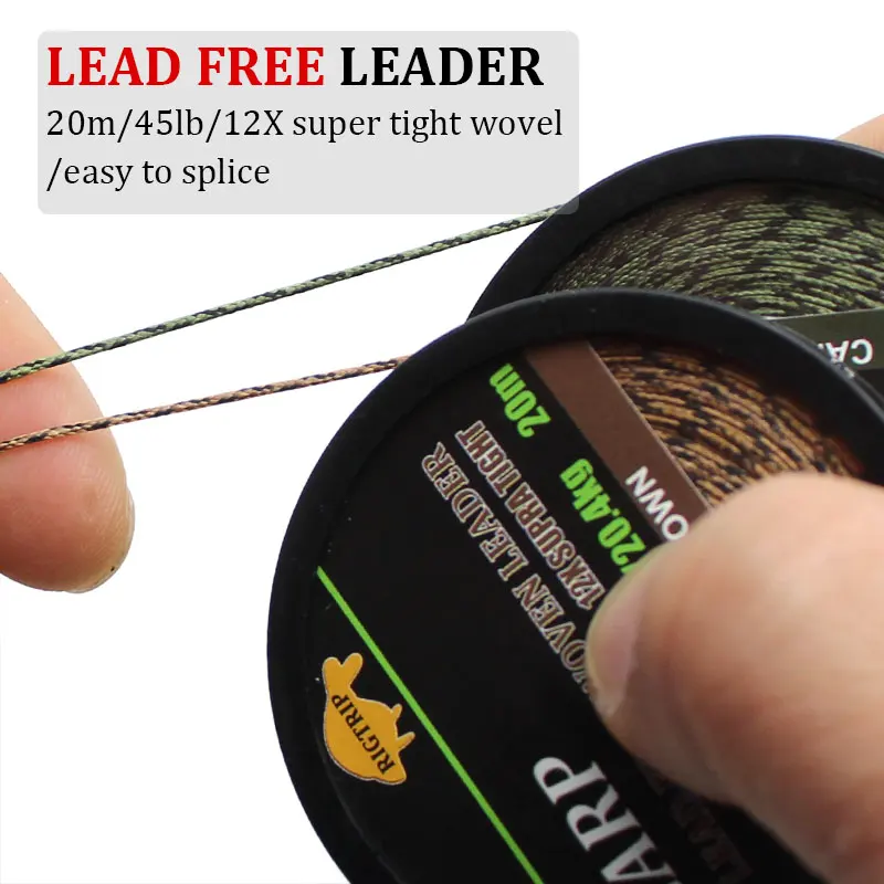 20m Carp Fishing Leader Line Lead Free Woven Leader Camo Green Non Lead Core 45LB Hair Rigs 12 Strand Braided Wires