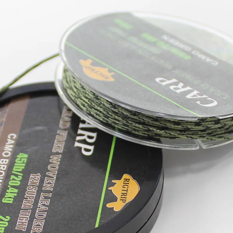 20m Carp Fishing Leader Line Lead Free Woven Leader Camo Green Non Lead Core 45LB Hair Rigs 12 Strand Braided Wires