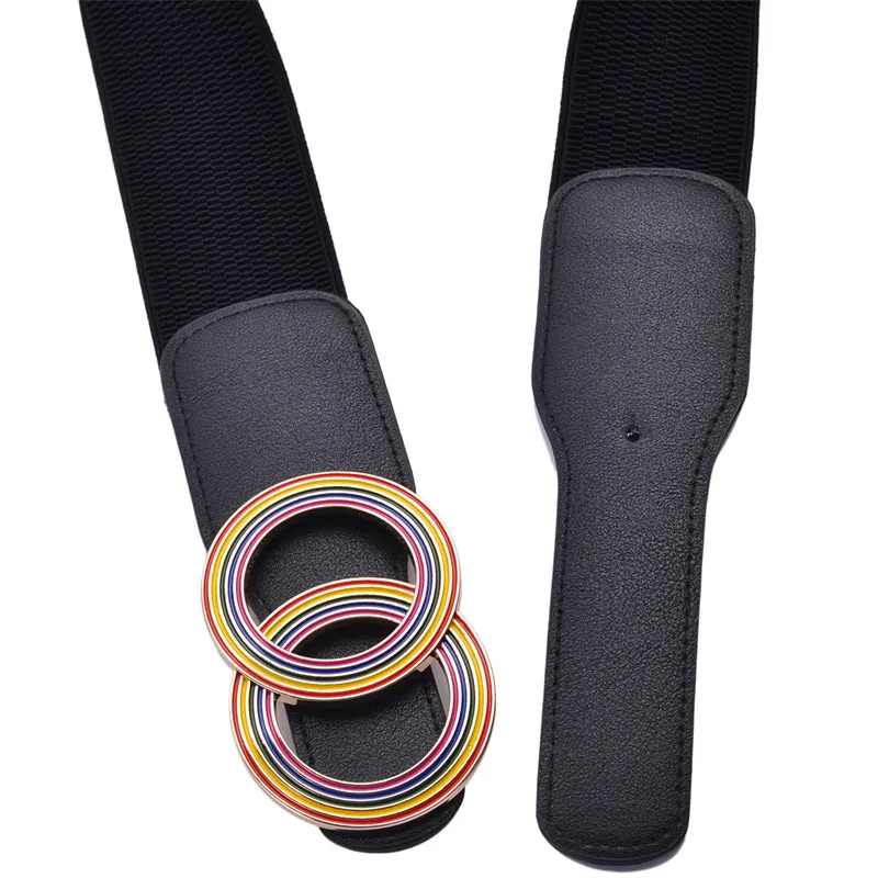 Women's Girdle Elastic Stretch Wide Waist Belts W Double Rings Buckle Cummerbunds Ladies