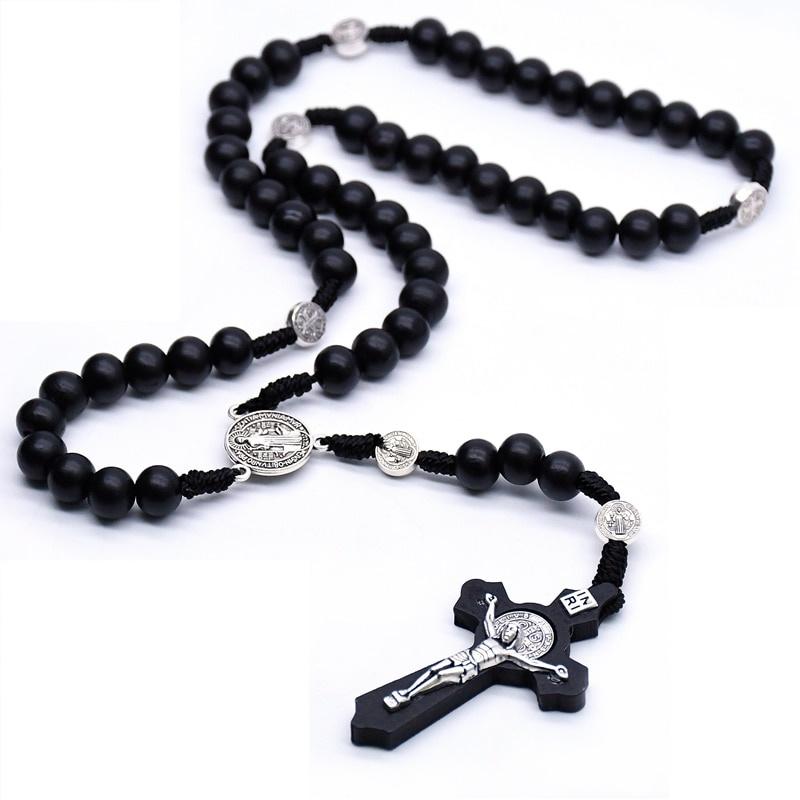 Religious Wooden Antique Black Cross Rosary Car Pendant Jesus Saint Benedict Beaded Hanging for Men Women Jewelry