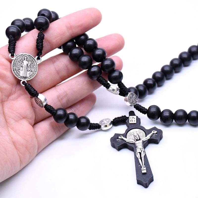 Religious Wooden Antique Black Cross Rosary Car Pendant Jesus Saint Benedict Beaded Hanging for Men Women Jewelry