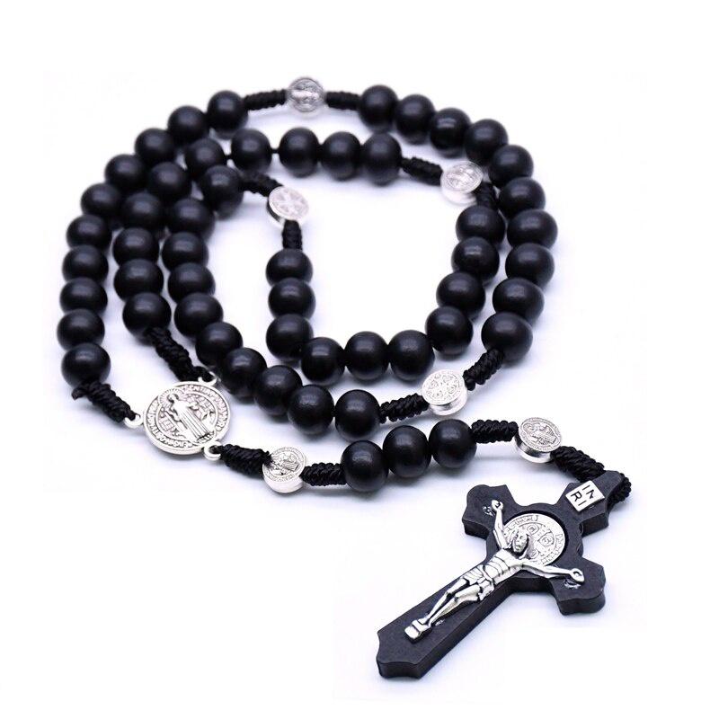 Religious Wooden Antique Black Cross Rosary Car Pendant Jesus Saint Benedict Beaded Hanging for Men Women Jewelry