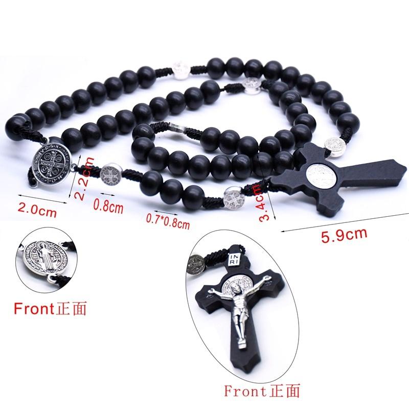 Religious Wooden Antique Black Cross Rosary Car Pendant Jesus Saint Benedict Beaded Hanging for Men Women Jewelry