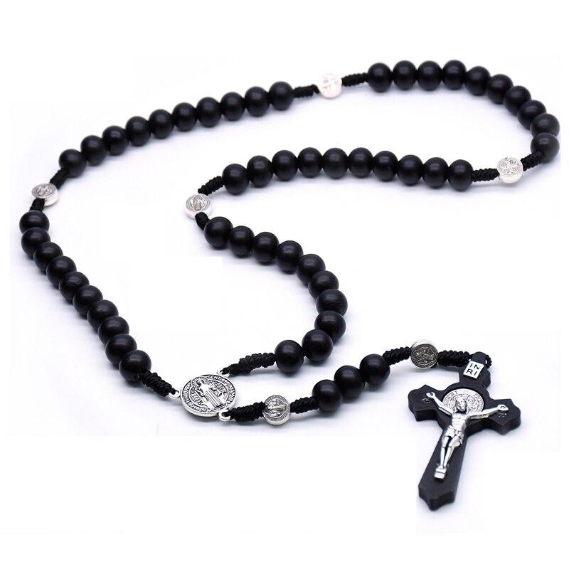 Religious Wooden Antique Black Cross Rosary Car Pendant Jesus Saint Benedict Beaded Hanging for Men Women Jewelry