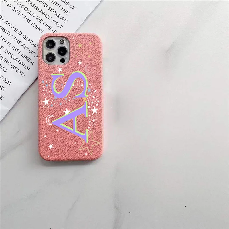 Personalised Initial letters Pebble Grain Leather Case for iphone 12 14 13 15 16 17 Pro Max 17pro Air 16 Plus Cover Moon & Stars