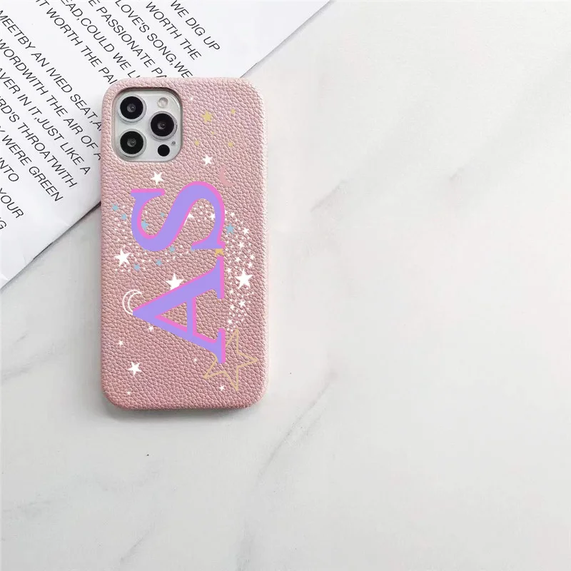 Personalised Initial letters Pebble Grain Leather Case for iphone 12 14 13 15 16 17 Pro Max 17pro Air 16 Plus Cover Moon & Stars
