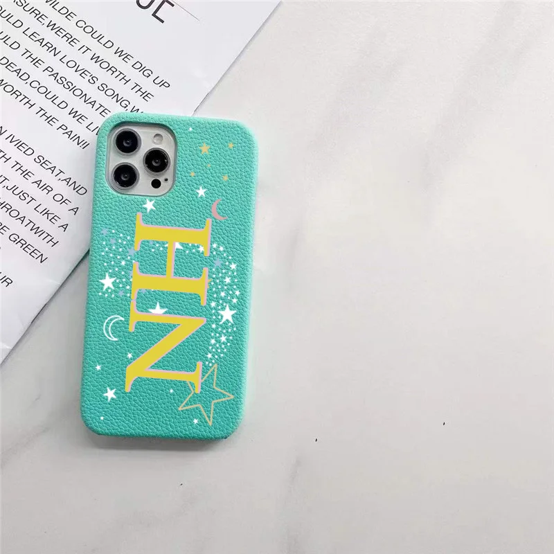 Personalised Initial letters Pebble Grain Leather Case for iphone 12 14 13 15 16 17 Pro Max 17pro Air 16 Plus Cover Moon & Stars