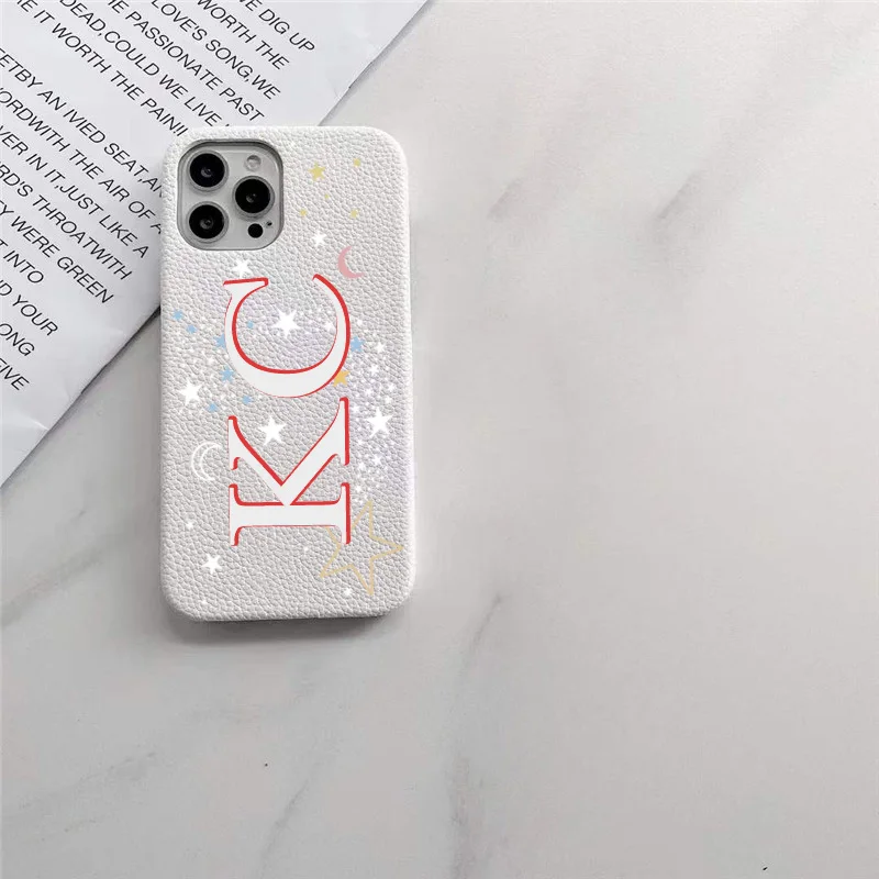 Personalised Initial letters Pebble Grain Leather Case for iphone 12 14 13 15 16 17 Pro Max 17pro Air 16 Plus Cover Moon & Stars
