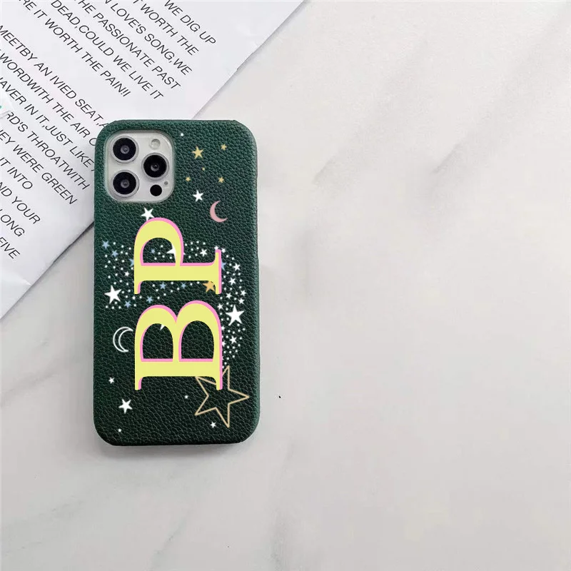 Personalised Initial letters Pebble Grain Leather Case for iphone 12 14 13 15 16 17 Pro Max 17pro Air 16 Plus Cover Moon & Stars