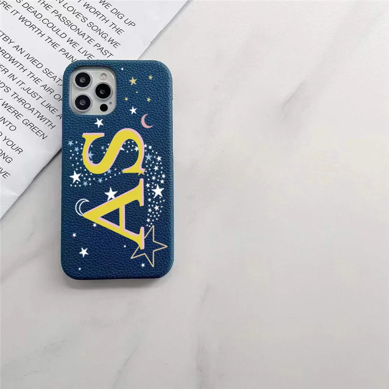 Personalised Initial letters Pebble Grain Leather Case for iphone 12 14 13 15 16 17 Pro Max 17pro Air 16 Plus Cover Moon & Stars