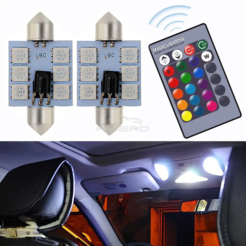 C5w Car Led RGB 5050 6SMD 31mm-41mm Festoon Dome Door Lights Automobile Remotes Controller Colorful Lamps Roof Atmospheres Bulbs