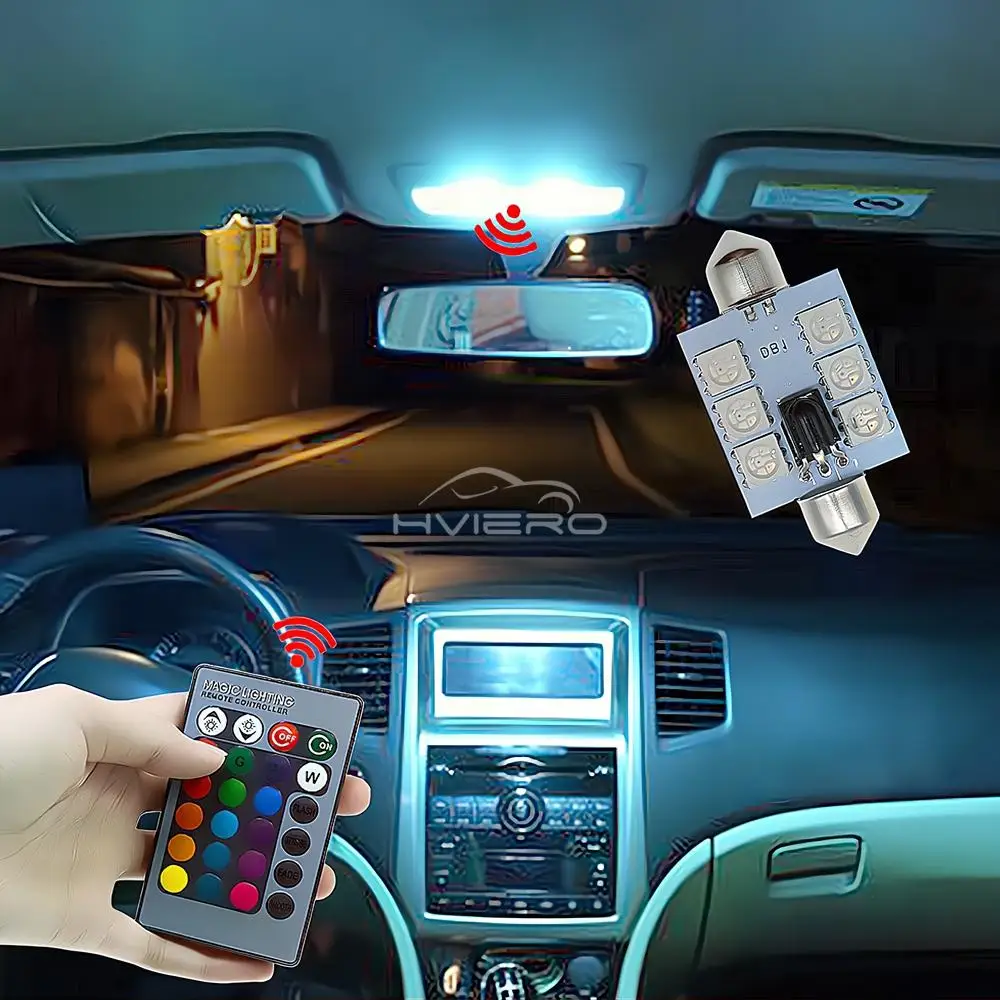 C5w Car Led RGB 5050 6SMD 31mm-41mm Festoon Dome Door Lights Automobile Remotes Controller Colorful Lamps Roof Atmospheres Bulbs