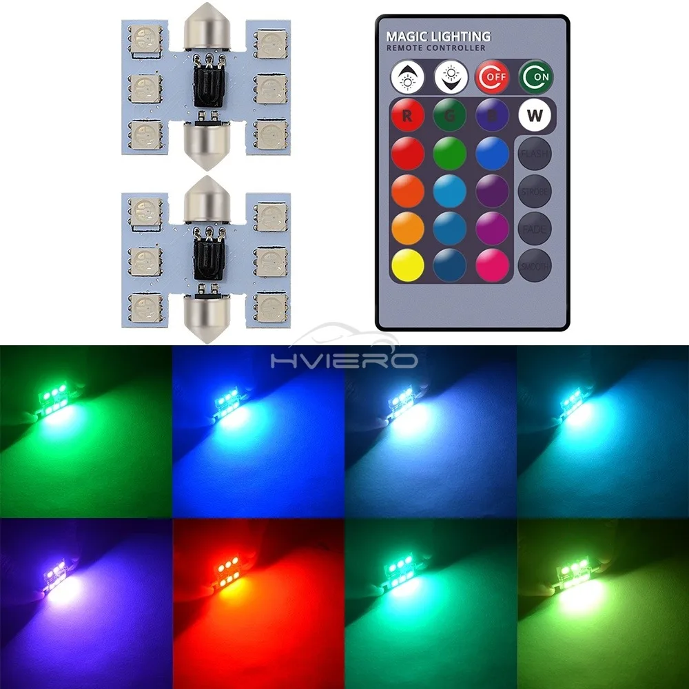 C5w Car Led RGB 5050 6SMD 31mm-41mm Festoon Dome Door Lights Automobile Remotes Controller Colorful Lamps Roof Atmospheres Bulbs