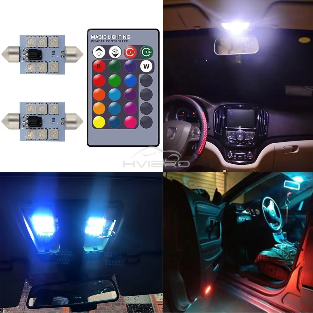C5w Car Led RGB 5050 6SMD 31mm-41mm Festoon Dome Door Lights Automobile Remotes Controller Colorful Lamps Roof Atmospheres Bulbs