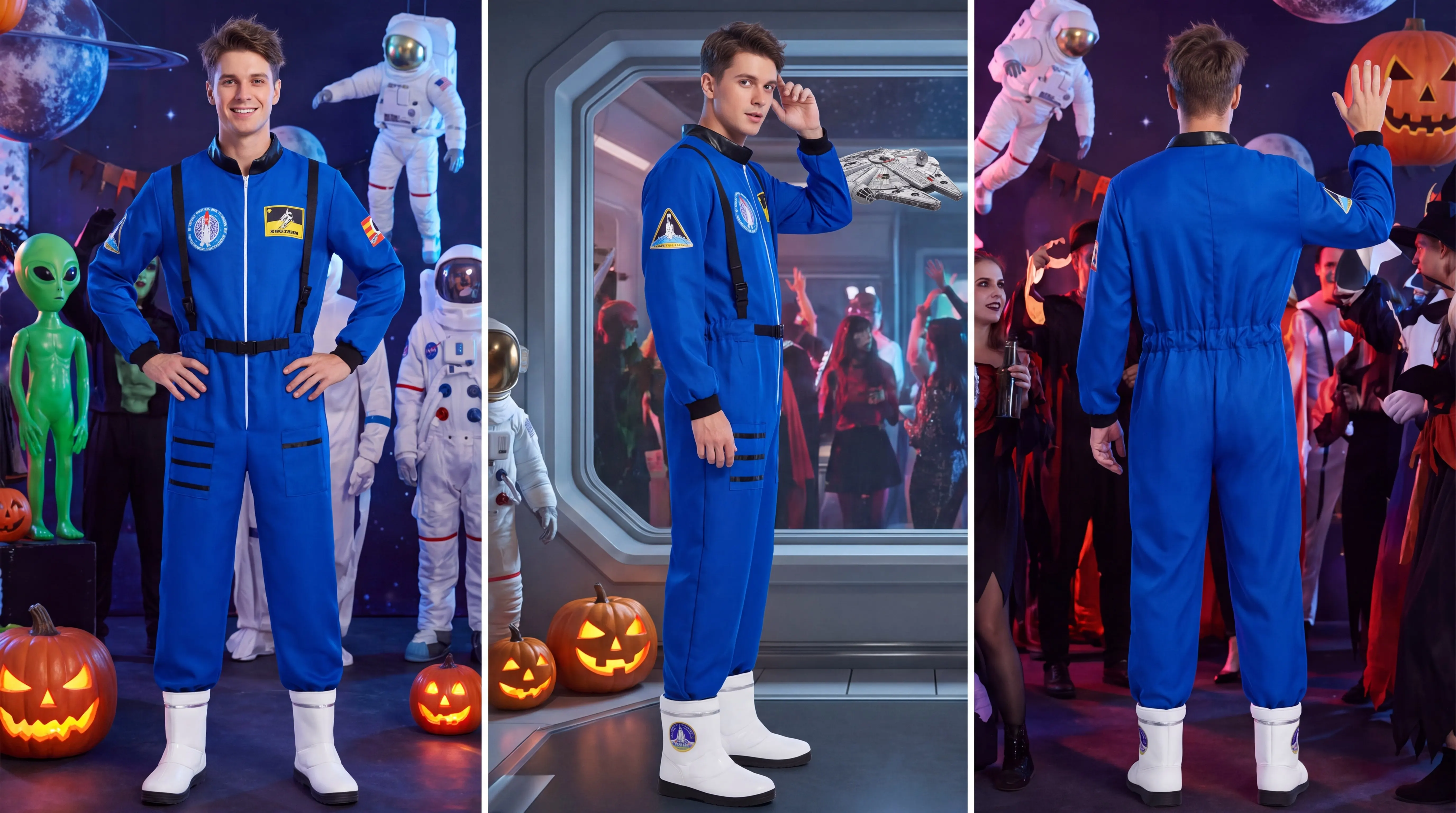 Adult Astronaut Costume for Women Men Flight Suit Costume Cosplay Space Astronaut Blue Full Body Jumpsuit with Zipper Carnival