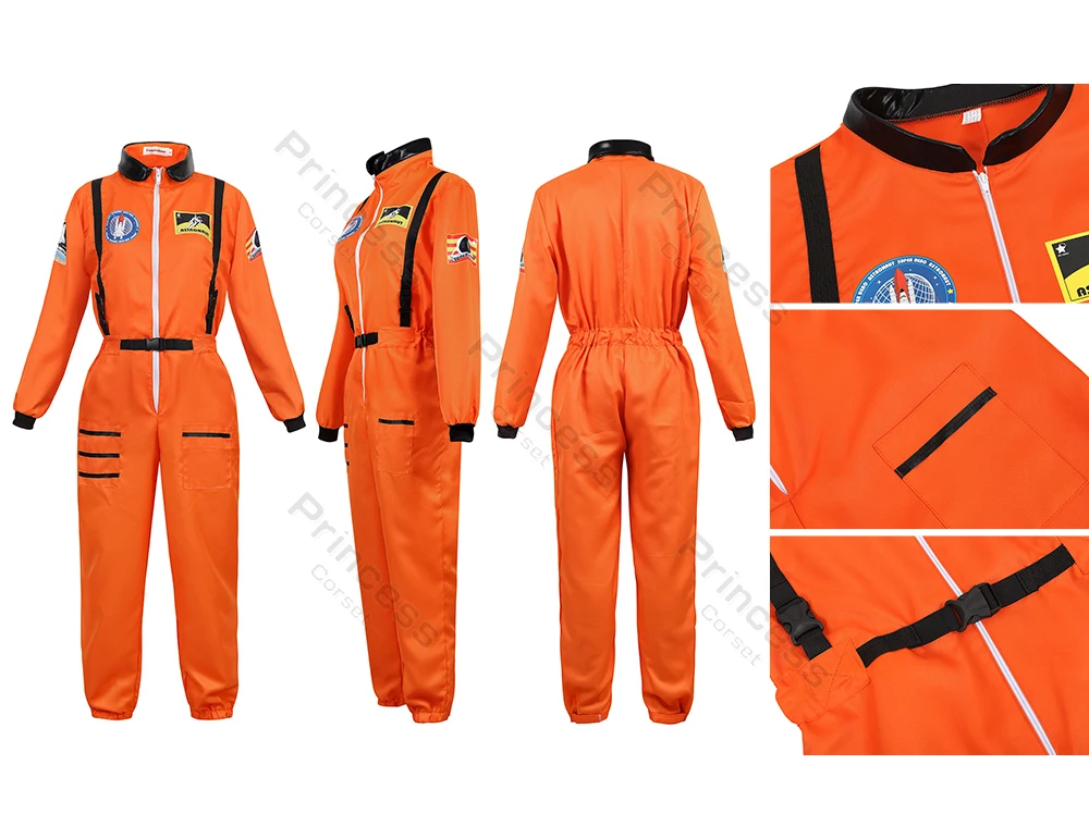 Adult Astronaut Costume for Women Men Flight Suit Costume Cosplay Space Astronaut Blue Full Body Jumpsuit with Zipper Carnival