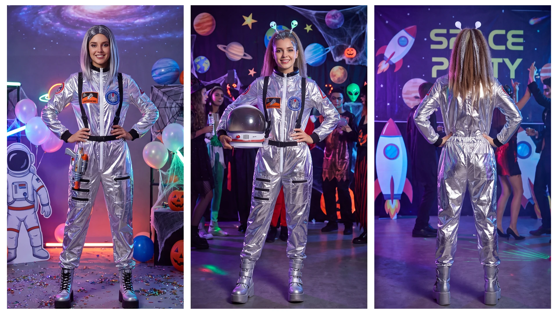 Adult Astronaut Costume for Women Men Flight Suit Costume Cosplay Space Astronaut Blue Full Body Jumpsuit with Zipper Carnival