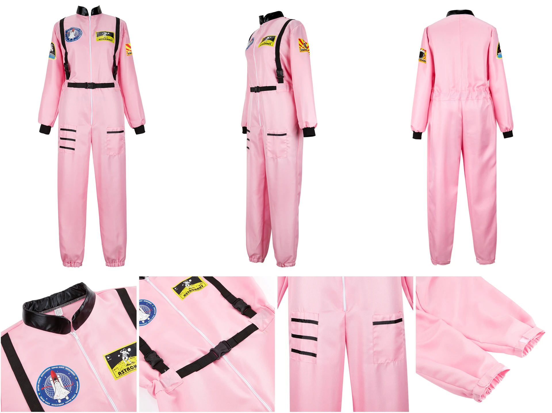 Adult Astronaut Costume for Women Men Flight Suit Costume Cosplay Space Astronaut Blue Full Body Jumpsuit with Zipper Carnival