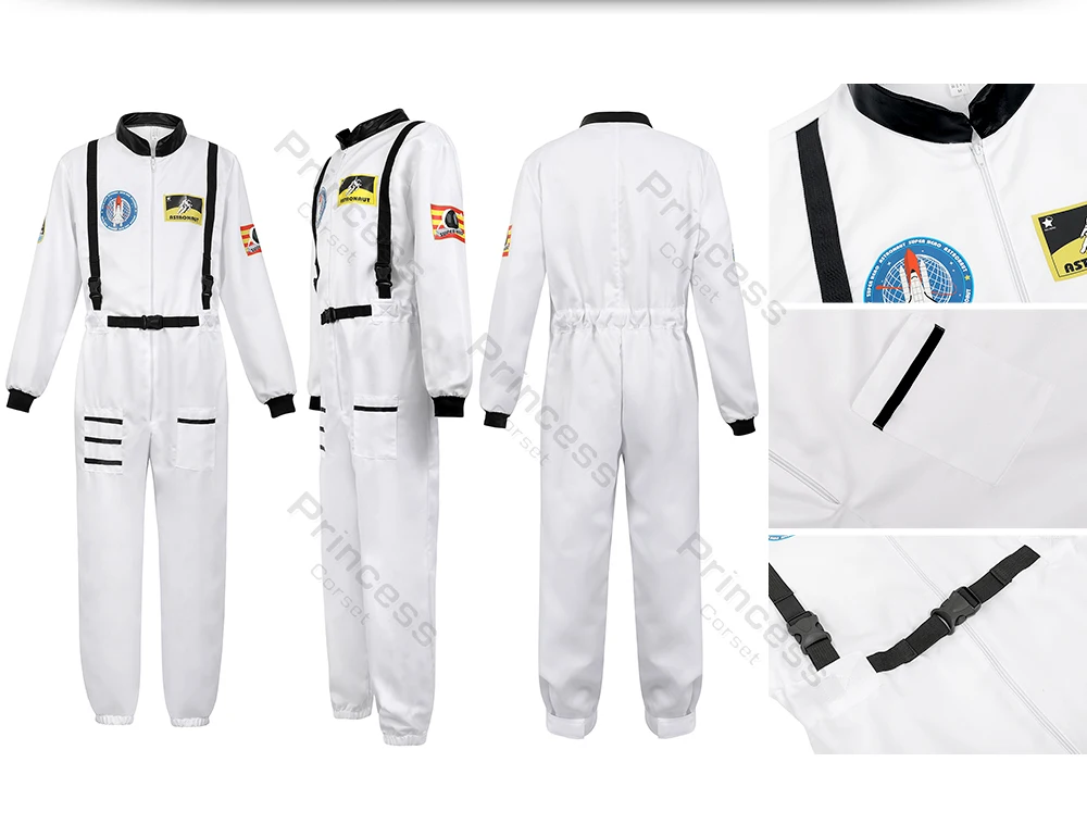 Adult Astronaut Costume for Women Men Flight Suit Costume Cosplay Space Astronaut Blue Full Body Jumpsuit with Zipper Carnival