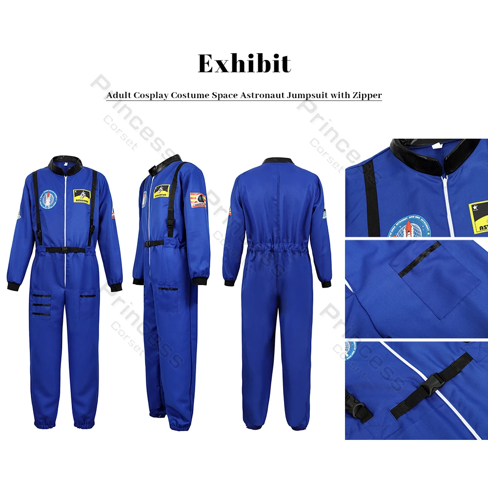 Adult Astronaut Costume for Women Men Flight Suit Costume Cosplay Space Astronaut Blue Full Body Jumpsuit with Zipper Carnival