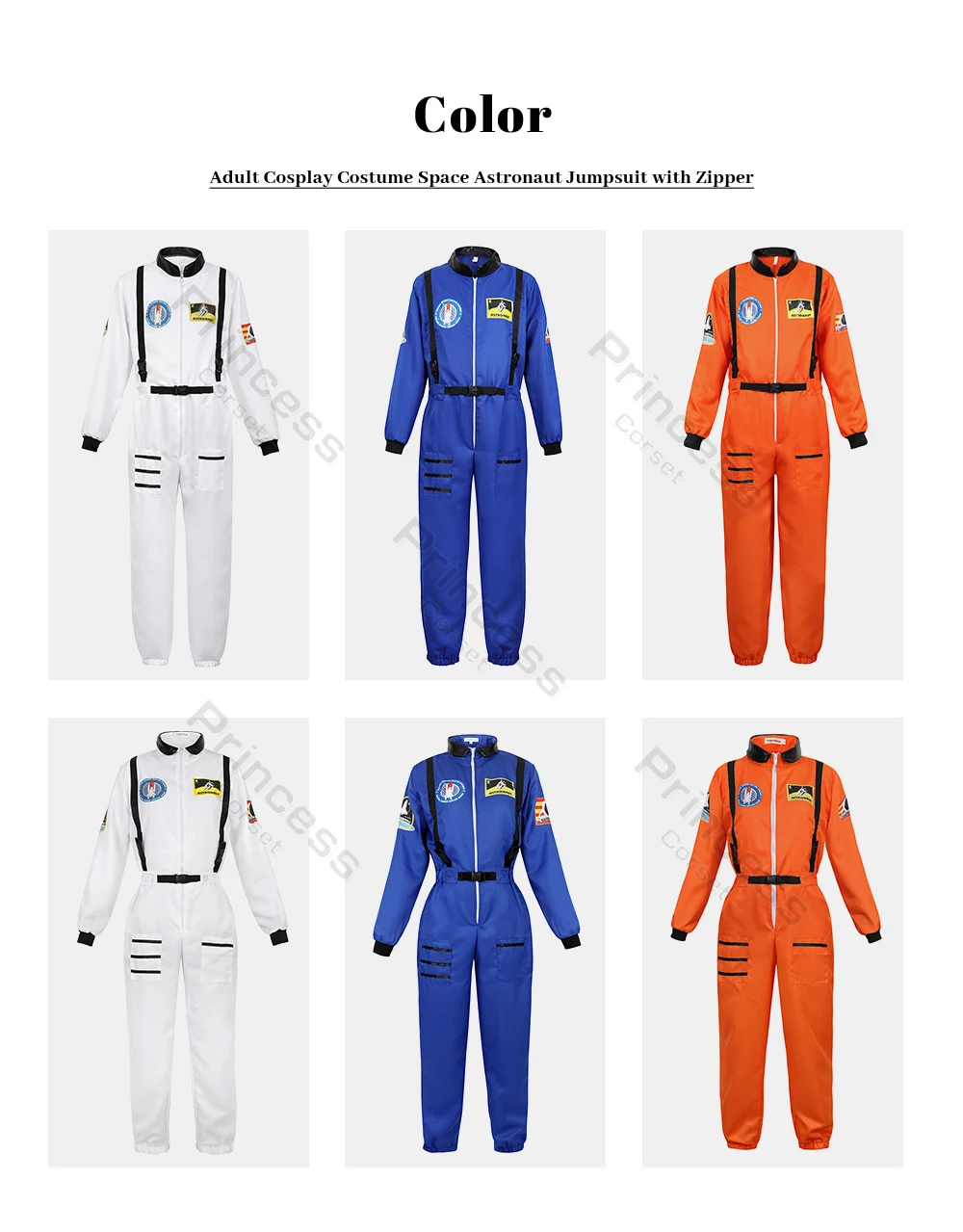 Adult Astronaut Costume for Women Men Flight Suit Costume Cosplay Space Astronaut Blue Full Body Jumpsuit with Zipper Carnival