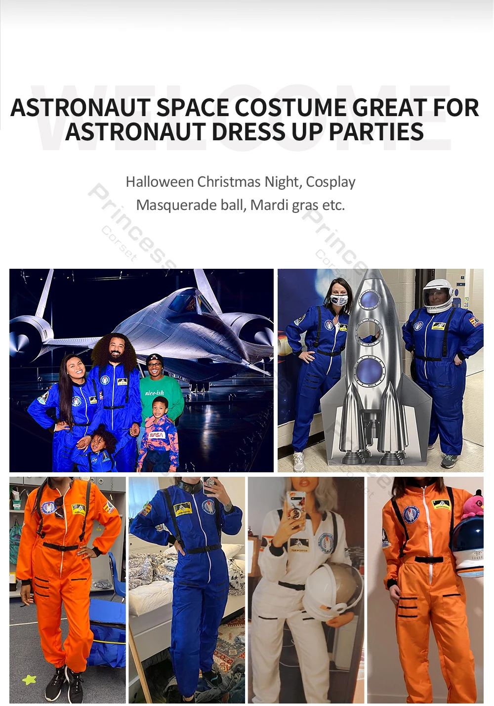 Adult Astronaut Costume for Women Men Flight Suit Costume Cosplay Space Astronaut Blue Full Body Jumpsuit with Zipper Carnival